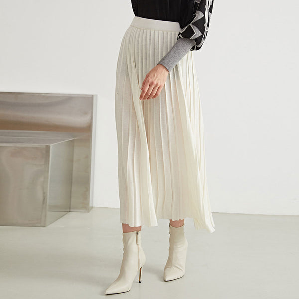 Trendy Wool Blend Knit A Line Pleated White Midi Skirt