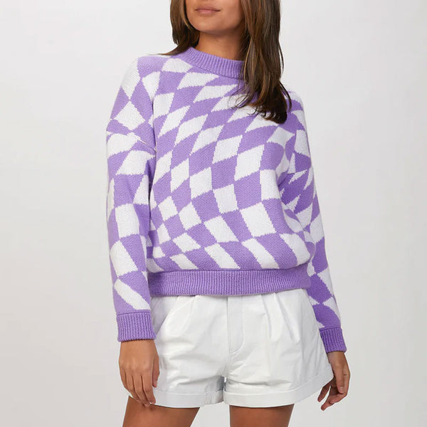 Unique Argyle Checkered Print High Neck Drop Shoulder Sweater