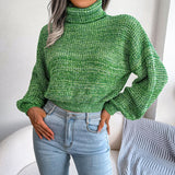 Unique Marled Knit Balloon Sleeve Pullover Turtleneck Sweater