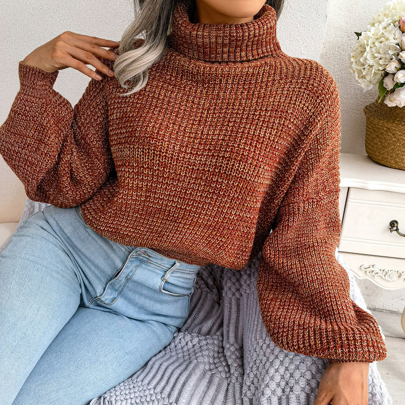 Unique Marled Knit Balloon Sleeve Pullover Turtleneck Sweater