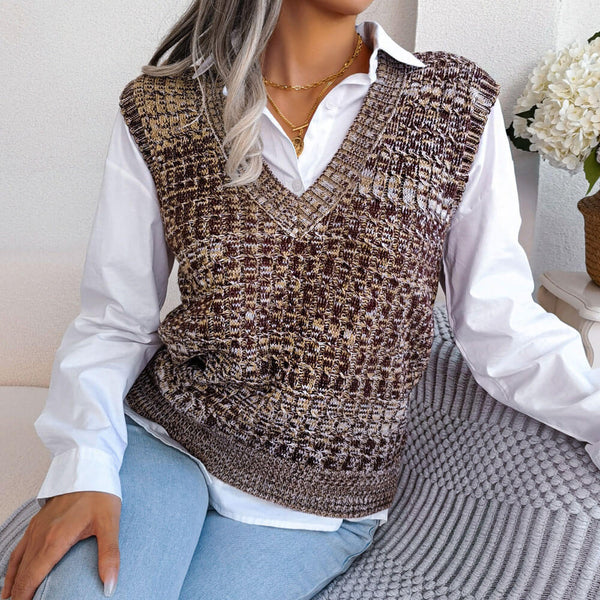 Unique V Neck Pullover Marled Cable Knit Sweater Vest