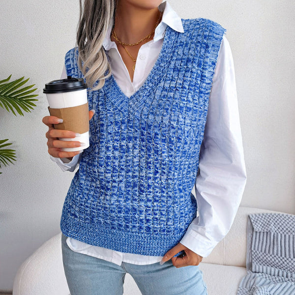 Unique V Neck Pullover Marled Cable Knit Sweater Vest