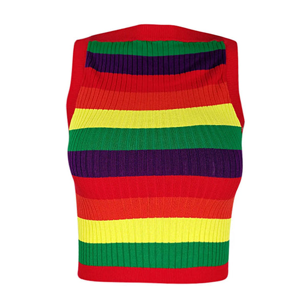 Vibrant Multicolor Rainbow Striped Crew Neck Cropped Rib Knit Tank Top