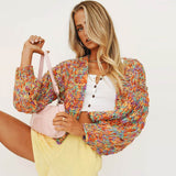 Vintage Balloon Sleeve Rainbow Multicolored Marled Hand Knit Chunky Yarn Cardigan