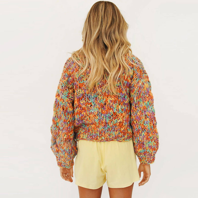 Vintage Balloon Sleeve Rainbow Multicolored Marled Hand Knit Chunky Yarn Cardigan