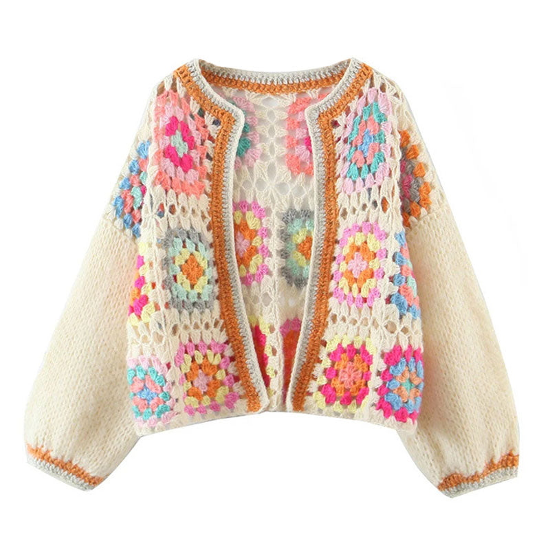 Vintage Boho Oversized Cropped Crochet Granny Square Cardigan