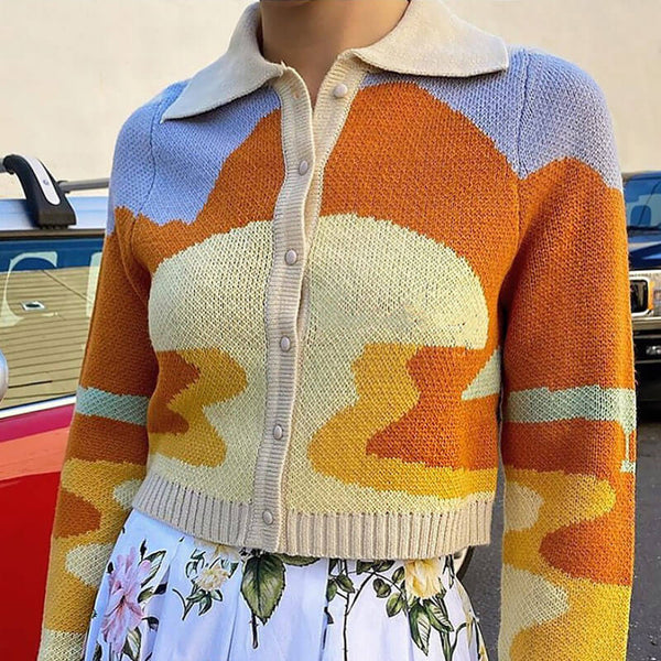 Vintage Multicolored  Color Block Collared Button Up Cropped Knit Cardigan