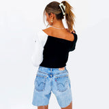 Vintage Black Color Block Long Sleeve Crop Patchwork Knit Sweater