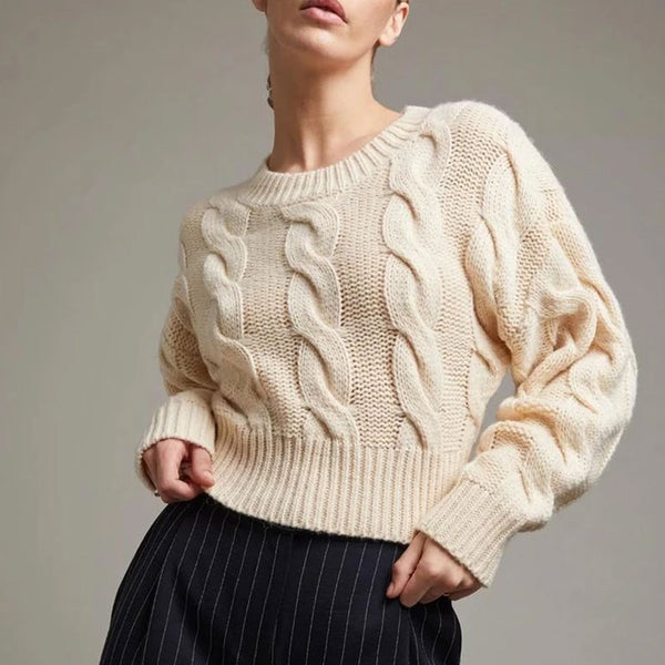 Vintage Beige Crew Neck Chunky Cable Knit Pullover Cropped Sweater