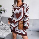Vintage Crew Neck Pullover Long Sleeve Heart Sweater Mini Dress