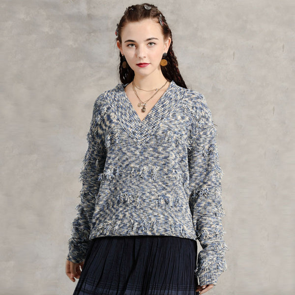 Vintage Floral Fringe V Neck Drop Shoulder Marled Blue Knit Pullover Sweater