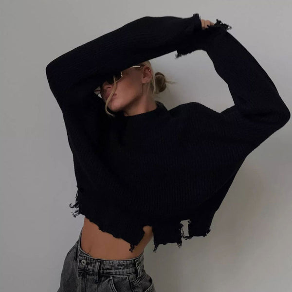 Vintage High Neck Distressed Cropped Pullover Knit Sweater
