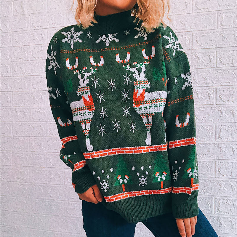 Vintage High Neck Nordic Fair Isle Reindeer Christmas Sweater
