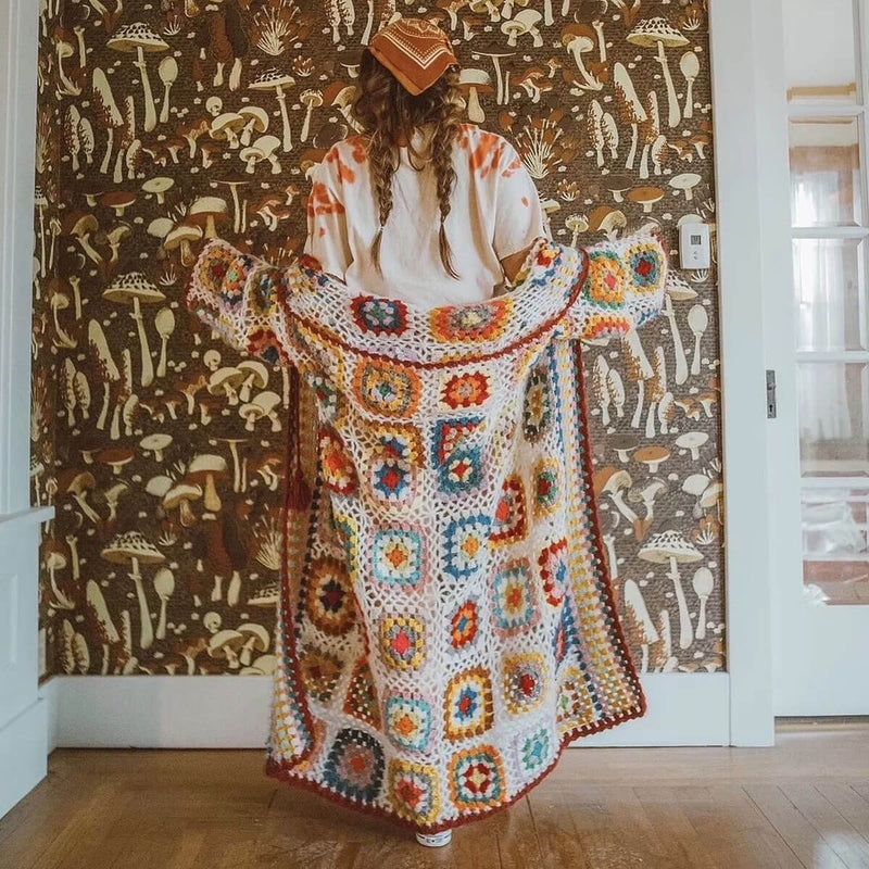 Vintage Hooded Long Sleeve Multicolored Crochet Granny Square Cardigan