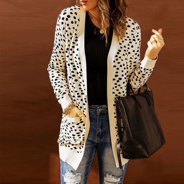 Vintage Apricot Leopard Pattern Patch Pocket Open Front Long Cardigan