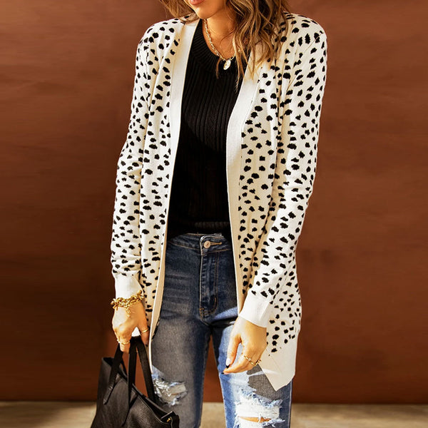 Vintage Apricot Leopard Pattern Patch Pocket Open Front Long Cardigan