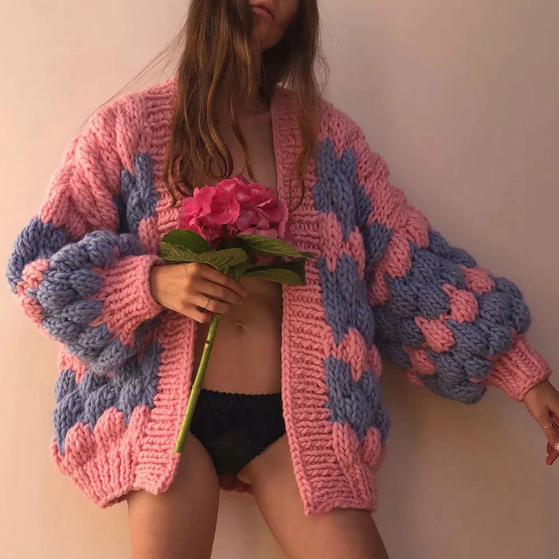 Vintage Oversized Puff Sleeve Hand Knit Chunky Yarn Popcorn Cardigan
