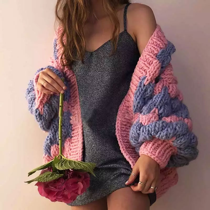 Vintage Oversized Puff Sleeve Hand Knit Chunky Yarn Popcorn Cardigan