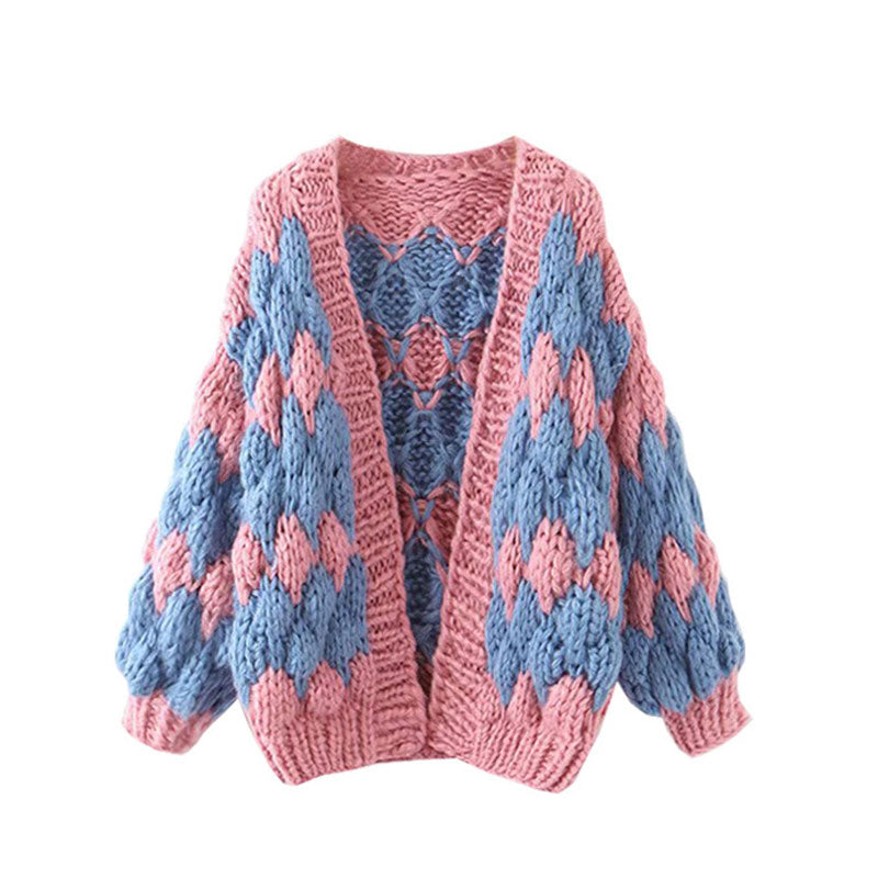 Vintage Oversized Puff Sleeve Hand Knit Chunky Yarn Popcorn Cardigan