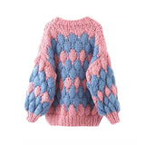 Vintage Oversized Puff Sleeve Hand Knit Chunky Yarn Popcorn Cardigan