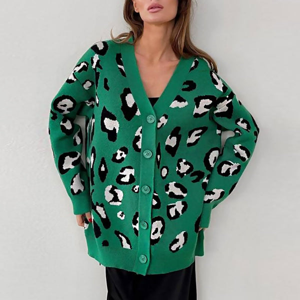 Vintage Green Oversized V Neck Button Up Animal Intarsia Knit Cardigan