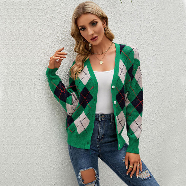 Vintage Style Argyle Pattern V Neck Button Up Christmas Cardigan