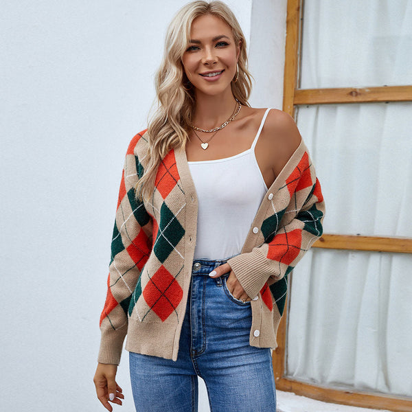 Vintage Style Argyle Pattern V Neck Button Up Christmas Cardigan