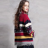Vintage Turtleneck Distressed Trim Geometric Striped Print Sweater