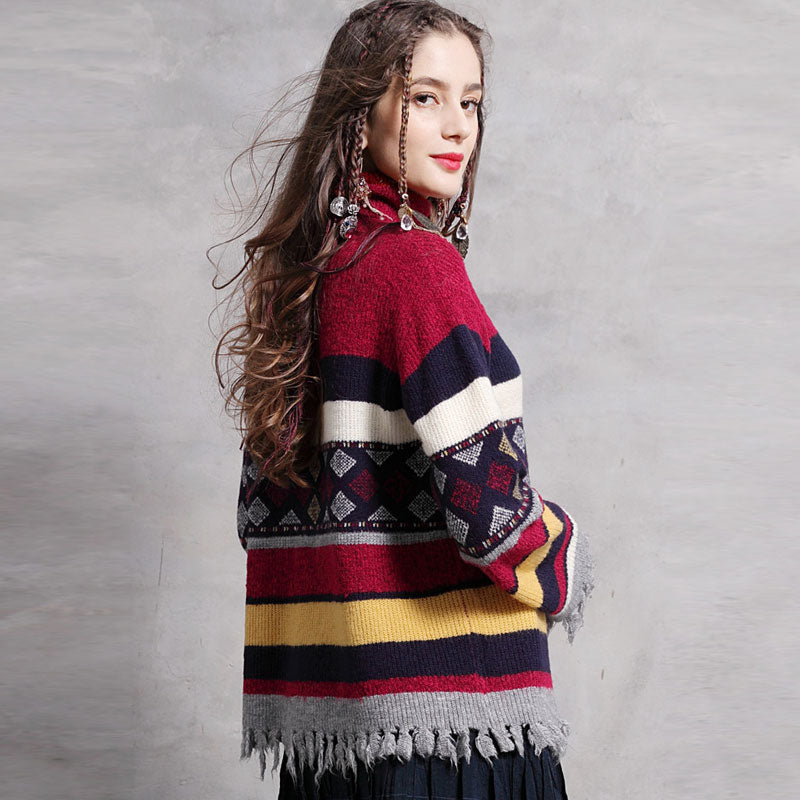 Vintage Turtleneck Distressed Trim Geometric Striped Print Sweater
