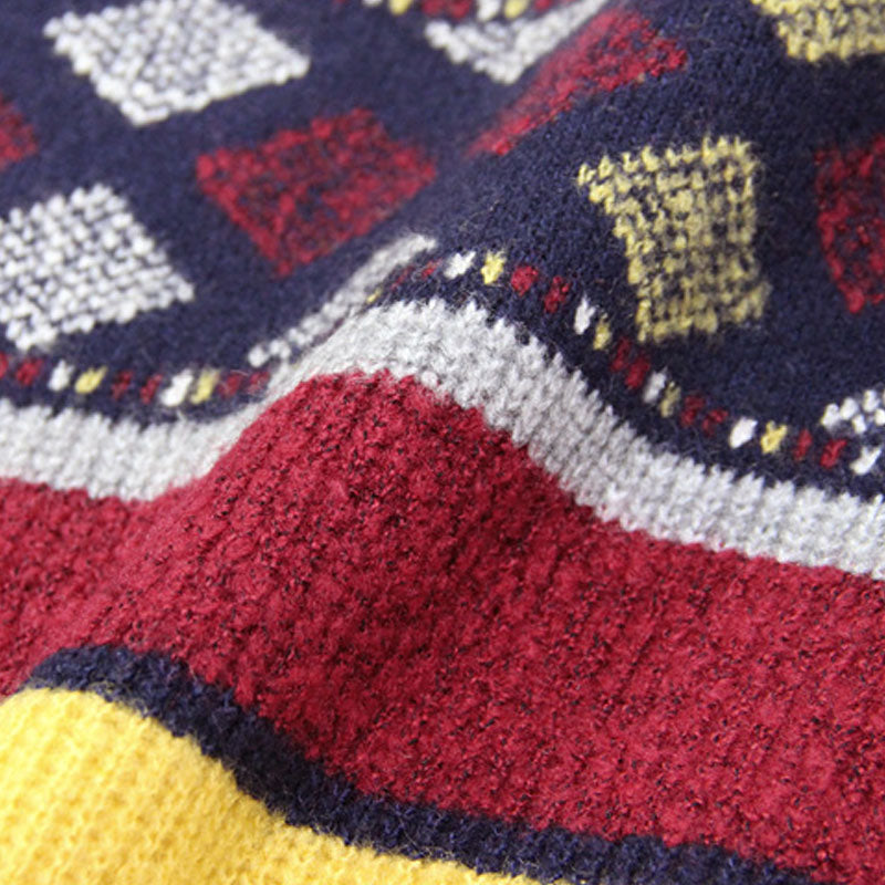Vintage Turtleneck Distressed Trim Geometric Striped Print Sweater