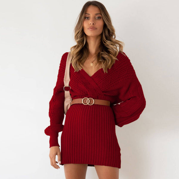 Vintage Wrap Off The Shoulder Chunky Cable Knit Sweater Mini Dress