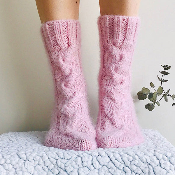 Warm Mohair Blend Solid Color Chunky Cable Knit Pink Bed Socks