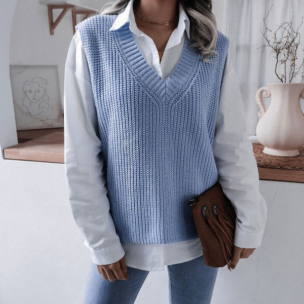 Warm Solid Color V Neck Pullover Brioche Rib Knit Sweater Vest