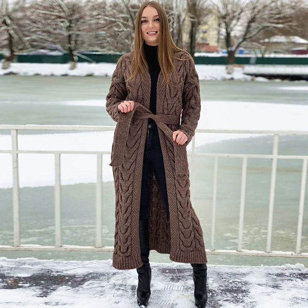 Winter Chunky Cable Knit Side Slit Open Front Belted Duster Cardigan