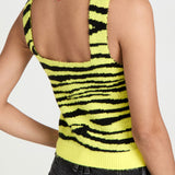 Yellow Zebra Print Square Neck Suspender Strap Eyelash Knit Tank Top